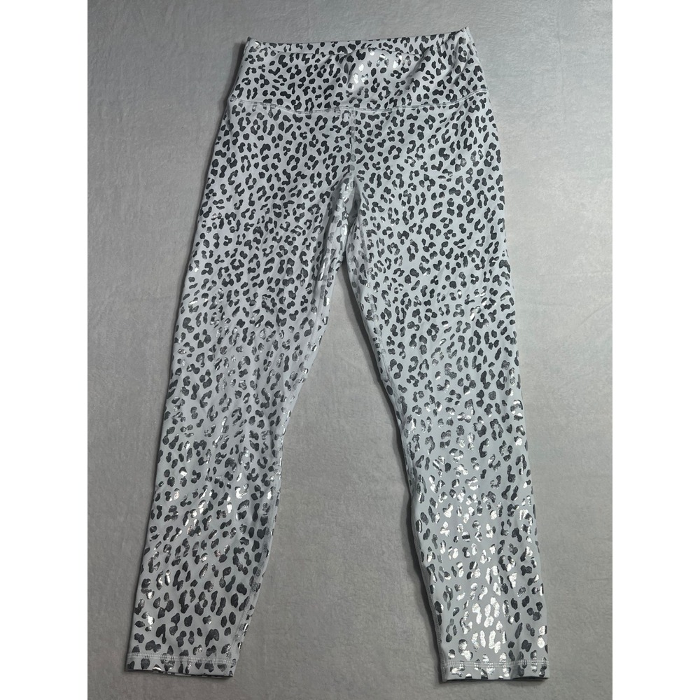 Fabletics PowerHold White Metallic Silver Leopard Print Leggings Medium 7/8
